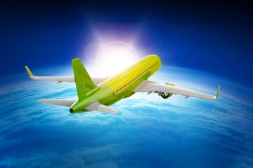 Naklejka premium Airplane at flight, travel background with blue sky