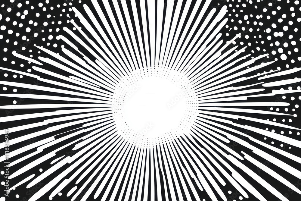 Fototapete black and white halftone background with sun rays, vector illustration. pop art style. white space i