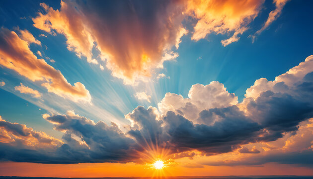 Dramatic sunset with sun rays and clouds