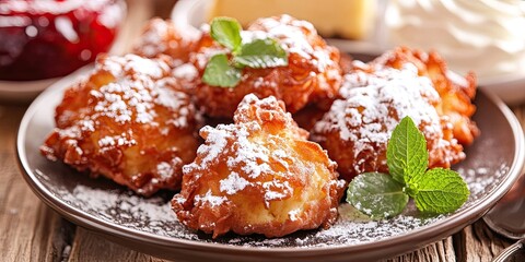 Delicious curd fritters arranged on a plate, garnished with powdered sugar, paired with cheesecake, fresh jam, sour cream, and mint create a tempting spread of curd fritters delight. 