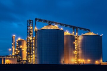 Obraz premium Nighttime photography of an industrial plant featuring silos and steam pipes illuminated by lights