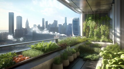 Fototapeta premium Balcony Garden Flourishing With Herbs and Vegetables Overlooking a Modern Urban Skyline