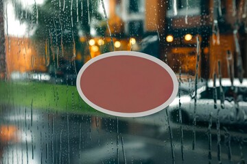 A blank oval shape sticker mockup is attached to a window glass and raining outside