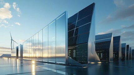 Futuristic Data Center Utilizing Solar and Wind Energy Under a Clear Sky