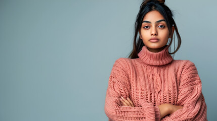 Fototapeta premium In the cold, a pretty Desi woman stands alone and looks at the camera copy space while wearing a sweater