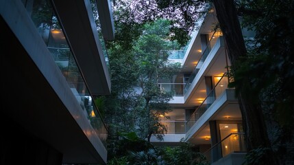 Fototapeta premium Modern Building Interior Lush Greenery Evening Light