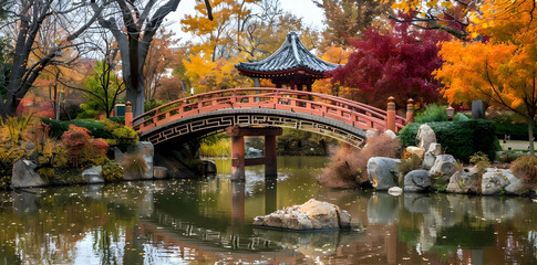 Fototapeta premium A serene garden scene featuring a traditional bridge and vibrant autumn foliage.