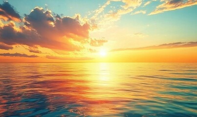 Obraz premium Serene sunset over calm ocean waters, evoking peace and tranquility.