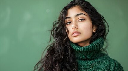 Obraz premium In the cold, a pretty Desi woman stands alone and looks at the camera copy space while wearing a sweater