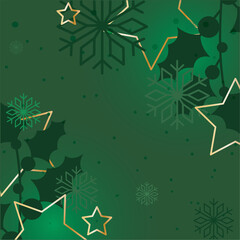 Green holiday background with stars and snowflakes Vector