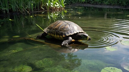 Turtle Basking on a Log in a Pond