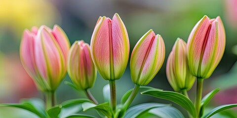 Fototapeta premium Close up view of vibrant pink unopened Asiatic lily buds, showcasing the beauty of Asiatic lilies in their natural state, emphasizing the delicate features of these exquisite buds.
