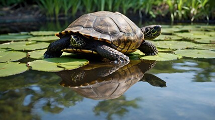 Turtle Resting on Lily Pads in a Pond