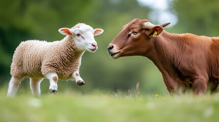 Obraz premium A touching interaction between a sheep and a goat is highlighted, showing mutual affection and connection against the backdrop of a peaceful green field.
