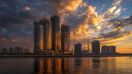 Fototapeta premium Beautiful, golden sunset view of the modern skyline at Dubai Marina skyline, United Arab Emirates