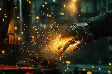 Close-Up of a Robotic Hand in a Workshop Sparking with Flashes of Light Amidst a Darkened Background, Capturing the Fusion of Technology and Craftsmanship
