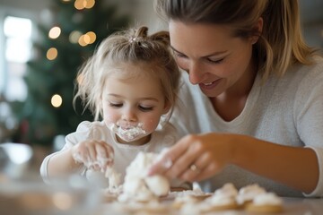 Naklejka premium A young girl explores baking with her mother, enjoying the messy process and capturing loving moments amidst a fun and festive kitchen atmosphere.