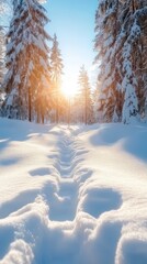 Obraz premium A scenic path through a snowy forest basking in the warmth of sunrise, emanating tranquility and inviting a peaceful walk in the winter wonderland setting.