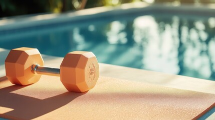 An orange dumbbell sits beside a pool on an exercise mat, ready for a fitness regimen; the sunny...