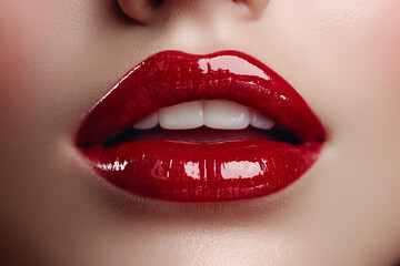 Obraz premium Close up view of beautiful woman lips with red matt lipstick. Open mouth with white teeth. Cosmetology, drugstore or fashion makeup concept. Beauty studio shot. Passionate kiss