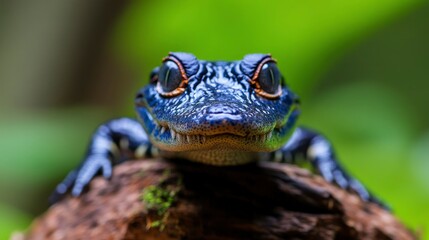 Obraz premium Striking Blue Baby Alligator Close-Up on Mossy Log