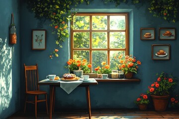 Obraz premium Sunlit kitchen with a window, a table set for tea, and potted plants.