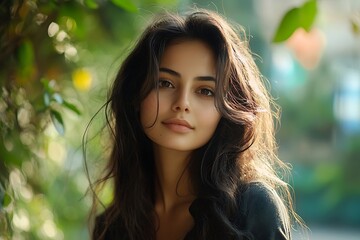 Naklejka premium Youthful Woman Serene Portrait Lush Greenery Background
