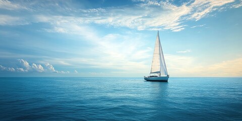 Fototapeta premium Sailing boat gliding across the sea under a vibrant blue sky, capturing the essence of a serene sailing experience. Enjoy the peaceful ambiance created by the sailing boat and the blue sky.