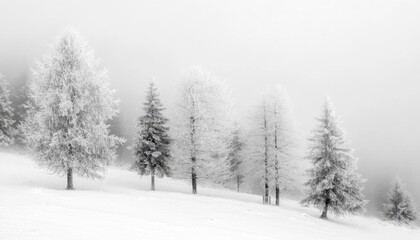 Fototapeta premium A serene winter landscape with frosted trees in a misty atmosphere.