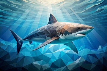 Obraz premium Geometric Shark Underwater Illustration with Light Reflection in Ocean