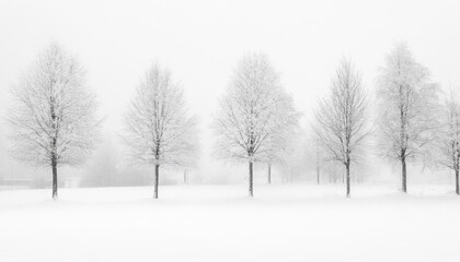 A serene winter landscape with snow-covered trees in fog.