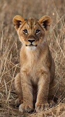 Obraz premium Young Lion Cub Sitting in Dry Grass