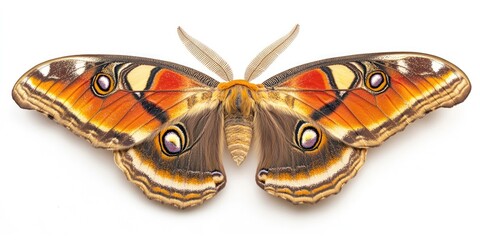 Fototapeta premium Emperor Moth specimen Saturnia pavonia displayed isolated on a white background, showcasing the intricate patterns and features of the Emperor Moth for educational and artistic purposes.