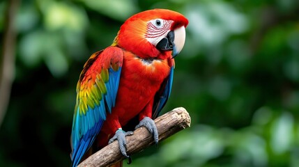 Fototapeta premium Scarlet Macaw Perched on Branch in Lush Green Rainforest