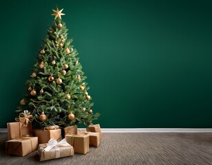 Decorated Christmas tree with gift packages beside it, set against a green background and an empty wall, perfect for festive designs
