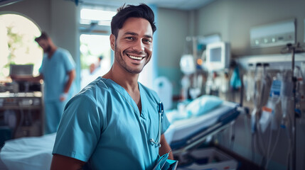 Fototapeta premium A photograph of a male nurse standing in a hospital room, smiling directly into the camera while holding medical equipments in his hand.