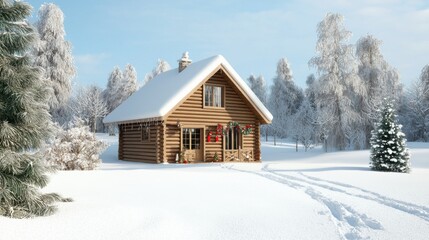A cozy log cabin surrounded by snow-covered trees, creating a serene winter landscape under a clear blue sky.