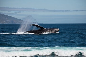 Majestic Whale Swimming Beneath Waves in a Scenic Ocean Landscape