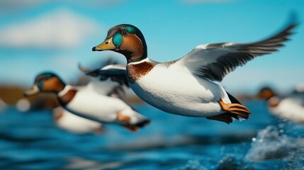 Obraz premium Mallard Ducks in Flight Over Water