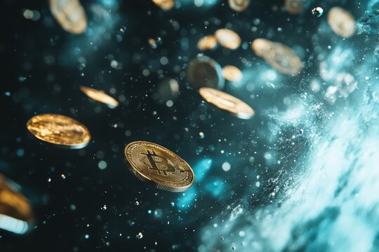 Futuristic space scene featuring floating coins representing digital currency and modern finance
