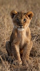 Obraz premium Lion Cub Sitting in Dry Grass