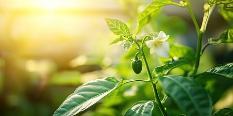 Obraz premium Close up of a small green pepper fruit beginning to grow and mature from the white flower of the pepper plant, thriving in bright sunlight within a greenhouse environment.