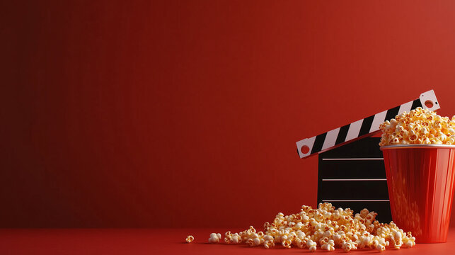 A movie clapperboard and a spilling bucket of golden popcorn placed on a bold red background, leaving ample empty space for text