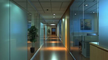 Obraz premium Modern office corridor with glass walls and wooden accents