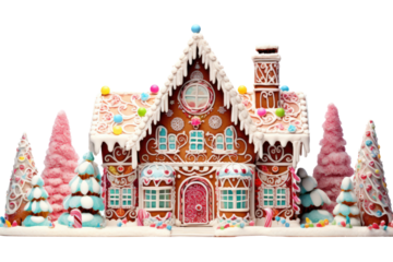 A whimsical gingerbread house artfully decorated with vibrant icing, featuring intricate designs and colorful edible decorations. The scene includes a snowy landscape made from coconut flakes 