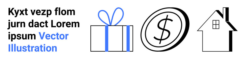 Obraz premium Gift box with bow, dollar coin with dollar sign, and a house outline. Ideal for holidays, finance, real estate, home buying, savings investment and rewards. Landing page