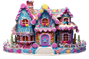 A whimsical gingerbread house artfully decorated with vibrant icing, featuring intricate designs and colorful edible decorations. The scene includes a snowy landscape made from coconut flakes 