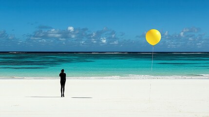 Obraz premium Person Holding Yellow Balloon on Serene Beach