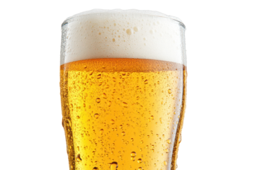 A tall, frosty glass of golden beer filled to the brim, showcasing a thick, frothy white head. The condensation on the glass creates a refreshing look, with bubbles rising to the surface