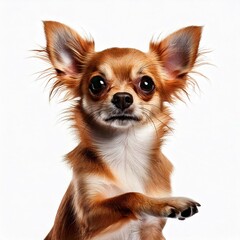 Obraz premium Front view of a Chihuahua dog looking scared, extending its paw as if offering a handshake or pressing something in the air, set against a clean white background.